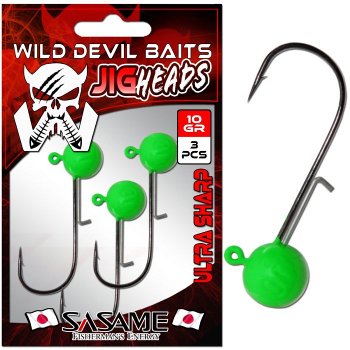 Wild Devil Baits Pro Japan Jig Head UV Green Jigkopf Baitholder Jighaken  Bleikopf